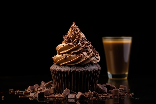 Seleção de ponto AF com iluminação escura exibindo um cupcake de chocolate com cobertura e barra de chocolate