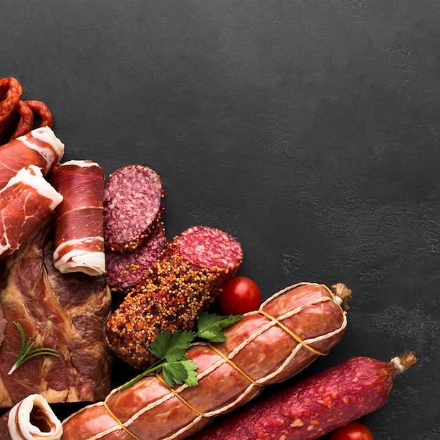 Foto seleção de vista superior de carne saborosa na mesa