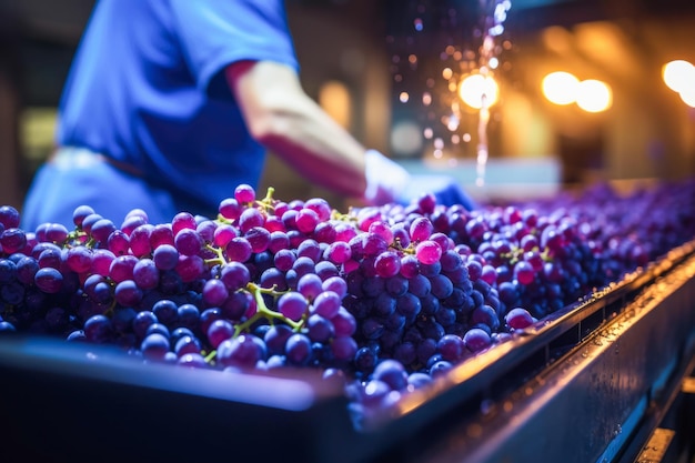 Foto seleção meticulosa de uvas com cachos de uvas num transportador na adega