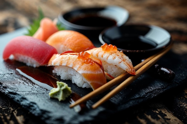 Seleção tradicional de sushi japonês em fundo rústico