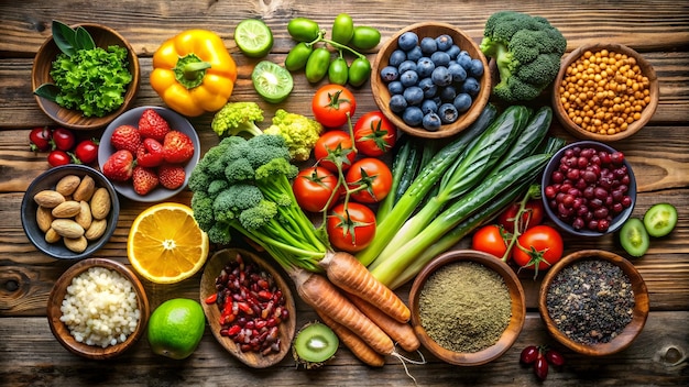 selección de alimentos saludables en un fondo de madera rústico
