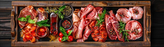 Una selección de carnes crudas y condimentos listos para la preparación culinaria