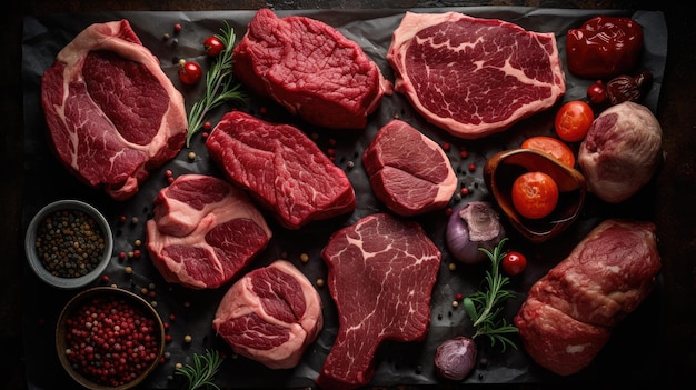 Foto una selección de carnes que incluyen carne de res, carne de res y verduras.