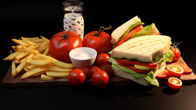 Foto una selección de comida incluyendo un sándwich de papas fritas