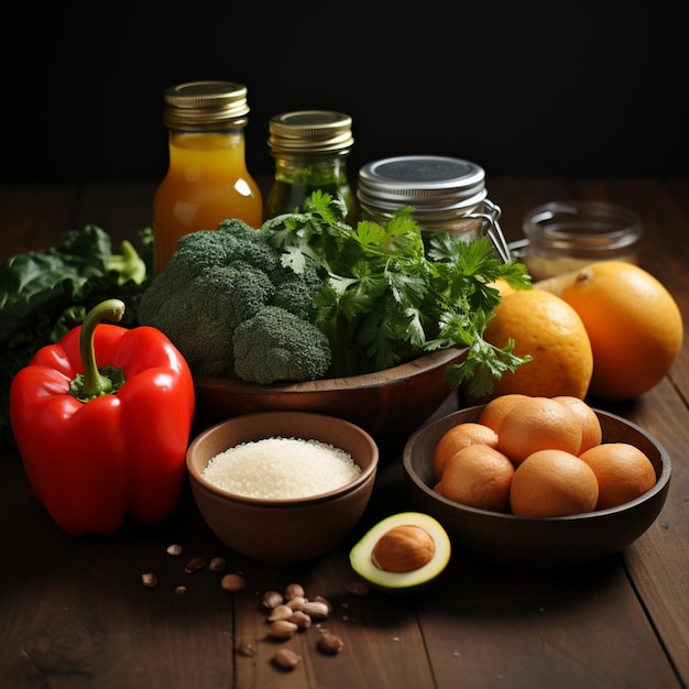 Selección de comida sana sobre fondo de madera