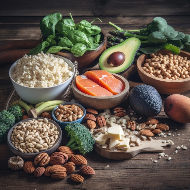 selección de comida sana sobre fondo rústico de madera