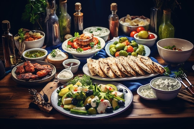 Selección de comida tradicional griega ensalada griega tzatziki souvlaki giros y patatas al horno