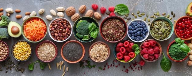 Una selección curada de alimentos saludables con una variedad colorida de súper alimentos frutas bayas nueces y semillas que promueven un estilo de vida nutritivo