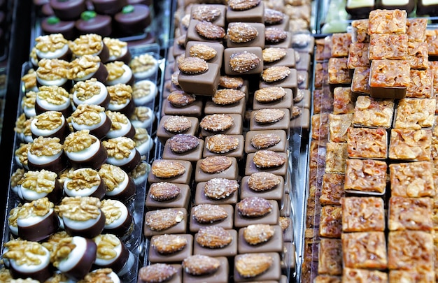 Selección de dulces suizos de chocolate caramelizado con almendras y nueces