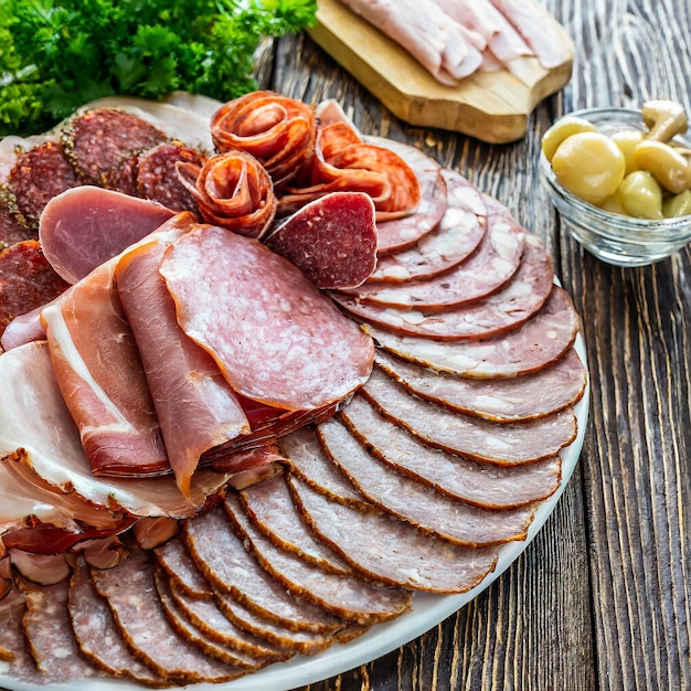 Selección de embutidos que incluye una variedad de productos cárnicos procesados expuestos en una mesa de madera