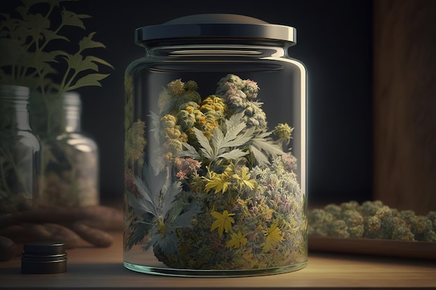 Una selección de flores secas de marihuana medicinal se almacenan en un orgánico