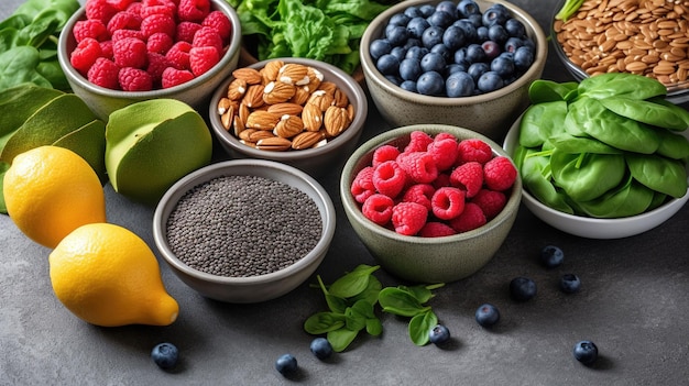 Foto una selección de frutas que incluyen bayas, nueces y frutas.