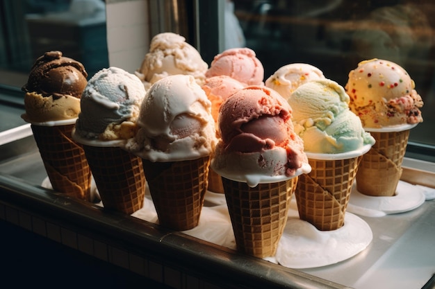 Una selección de helados están en exhibición en una tienda.