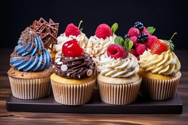 Una selección de pasteles con frambuesas y chocolate.