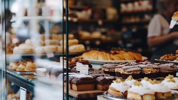 Una selección de pasteles frescos en exhibición en una panadería