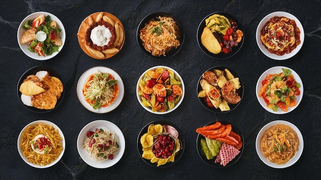 una selección de platos incluyendo comida incluyendo uno que dice el nombre de la compañía