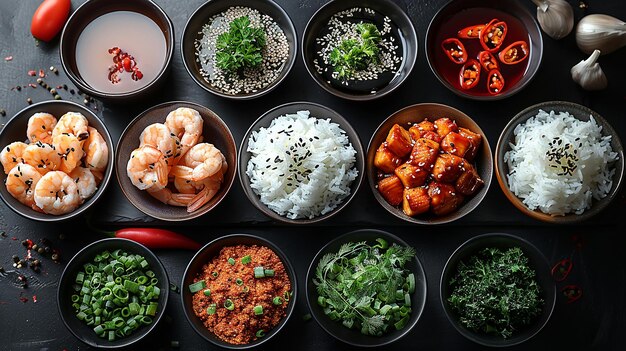 Foto una selección de platos que incluyen arroz de camarón y verduras