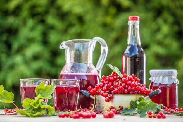 Una selección de productos de grosella roja - mosto de sirope de mermelada y vid roja en la mesa en el jardín.