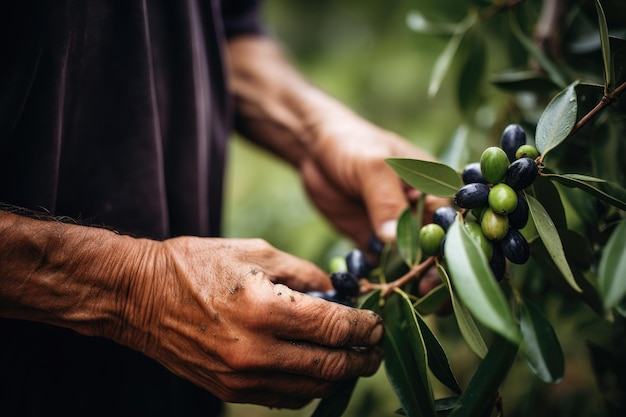 Seleccionando aceitunas verdes y negras de la rama del árbol