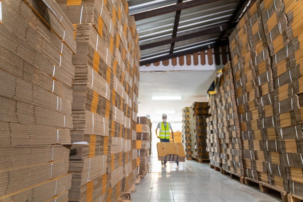 Seleccione el enfoque de la fila de cajas marrones, personajes de los trabajadores del almacén descargando cajas en el almacén.