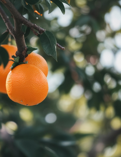 Selektive Fokusaufnahme einer Orange, die tagsüber am Zweig befestigt ist