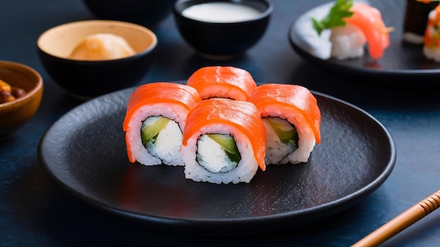 Selektive Fokusnahme der köstlichen Sushi-Rollen, die in einem schwarzen runden Teller serviert werden