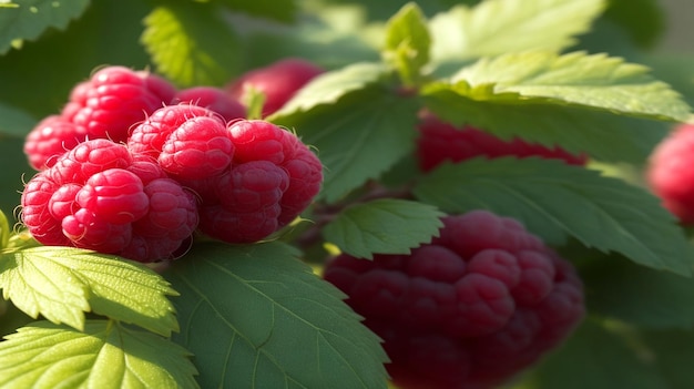 Selektive Fokussierung von zwei Himbeeren auf dem Busch