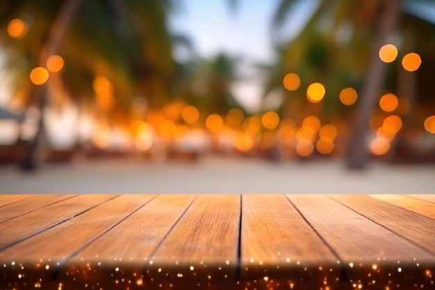 Selektiver Fokus auf Holzbrett isoliert am unscharfen Sommerstrand mit Bokeh-Hintergrund