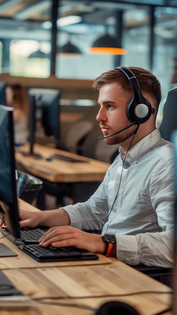 selektiver Fokus des Call-Center-Operators im Headset, das mit dem Computer im Büro arbeitet