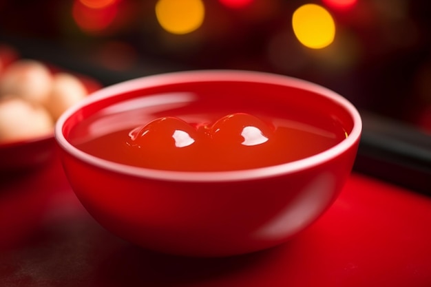 Foto selektiver fokus eines klebstoffpuddings in einer roten schüssel chinesisches neujahrskonzept