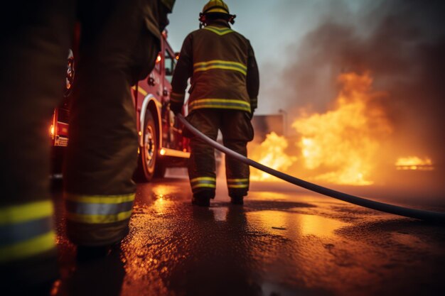 Selektiver Fokus Feuerwehrmänner, die ein brennendes Feuer mit Flammen bekämpfen, erstellt mit Generati