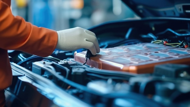 Selektiver Fokus, Hände in Handschuhen eines erfahrenen Technikers für Elektroautos, Elektroautos im geöffneten Zustand. Eine gebrauchte Lithium-Ionen-Autobatterie vor ihrer Reparatur. Generative KI