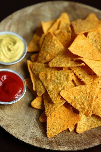 Selektiver Fokus Maischips Nachos mit Saucen auf einem Holzbrett Mexikanischer Snack