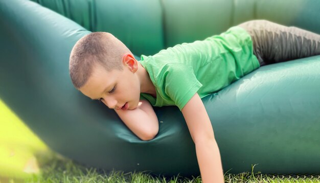 Selektiver Fokus, Porträt eines kaukasischen Jungen 7 Jahre alt in einem grünen T-Shirt, das auf einer aufblasbaren Lamzak-Liege ruht. Komfortables Outdoor- und Stranderholungs-, Sommer- und Urlaubskonzept.