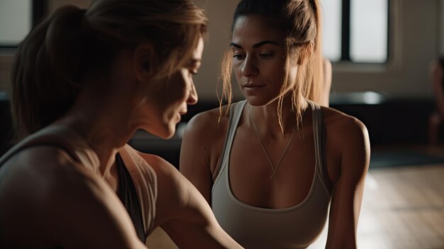 Foto selektiver fokus von sportlerin und trainer beim gemeinsamen training im fitnessstudio generative ki