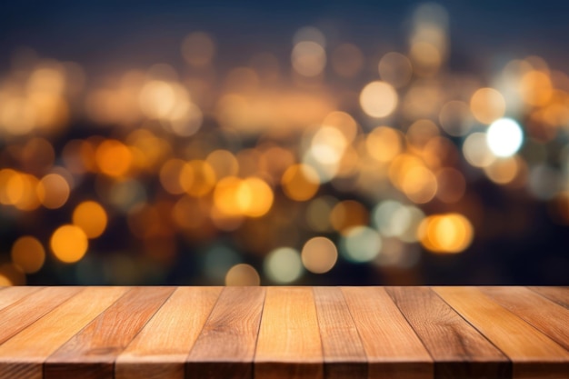 Selektives leeres Holzbrett auf verschwommener Stadt mit Bokeh-Hintergrund