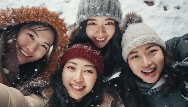 Selfie de amigos multiculturales en invierno en el bosque.