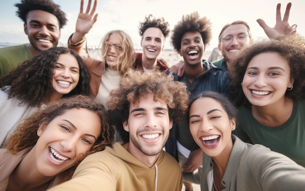 Selfie de amigos sonrientes jóvenes felices capturando un momento alegre