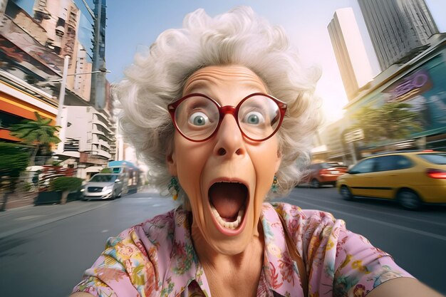 Foto selfie de la anciana feliz y sorprendida expresión de la ciudad de fondo ai generado