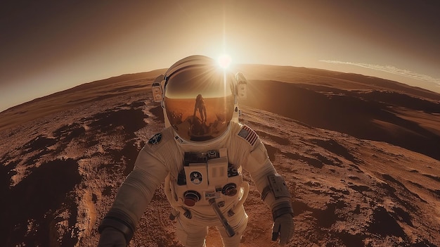 Selfie de astronauta con amanecer en el terreno de Marte IA generativa