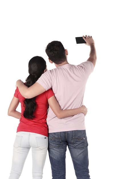 Selfie casal asiático com celular