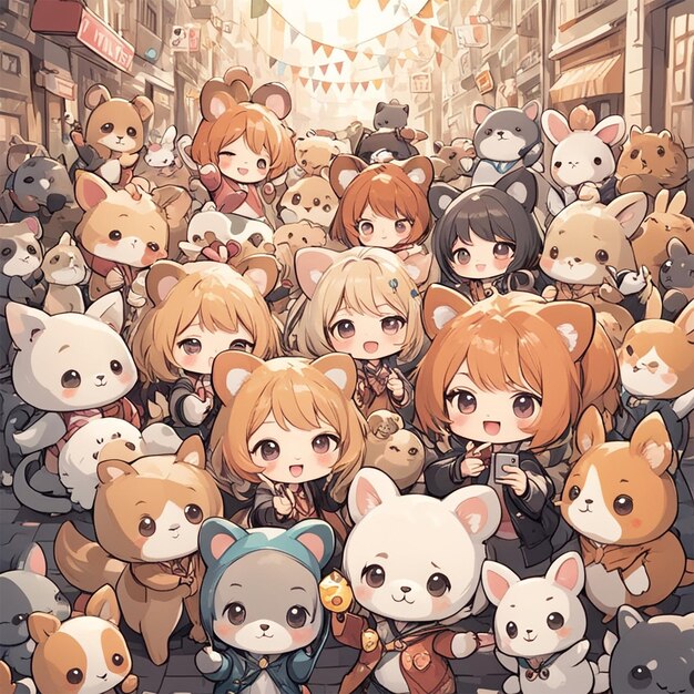 Selfie da coleção de animais Kawaii Chibi para o Dia Mundial dos Animais