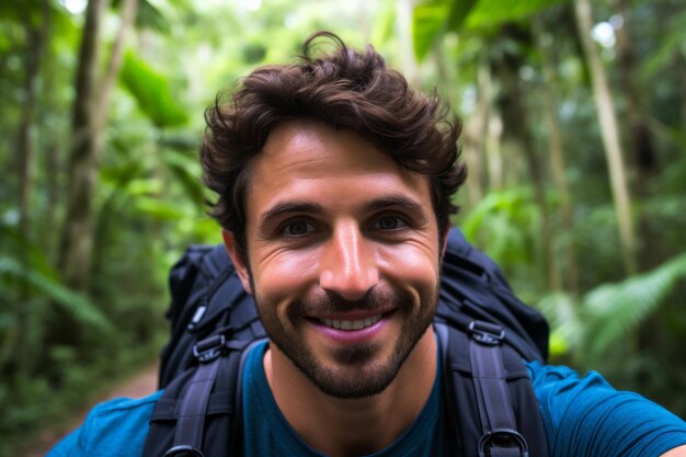 Selfie de alegria de um explorador na selva verde da Amazônia