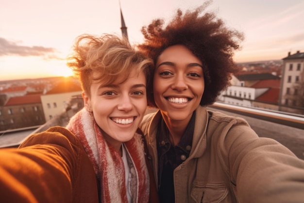 Selfie de duas mulheres lésbicas poderosas aceitação generativa lgbtq ai