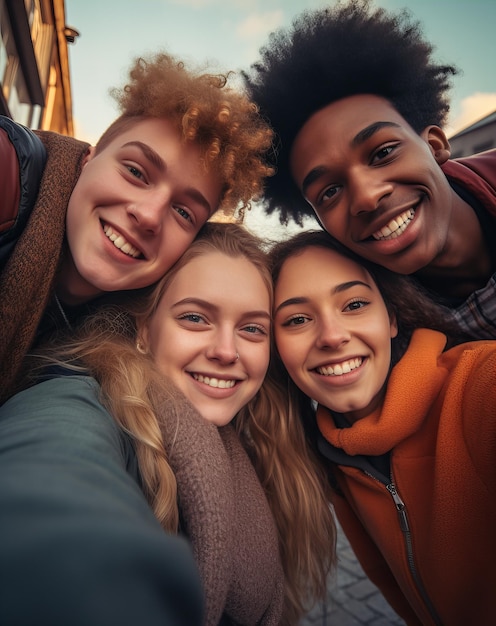 Selfie de grupo interracial alegre de quatro amigos adolescentes sorridente