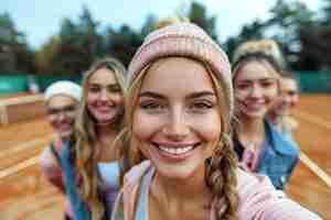 Foto selfie de mulher da equipa desportiva depois de um papel de parede uhd feliz