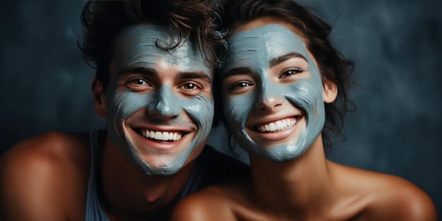 Selfie de perto de um belo casal feliz Spa facial e sorriso Casal para cosméticos de cuidados com a pele Beleza