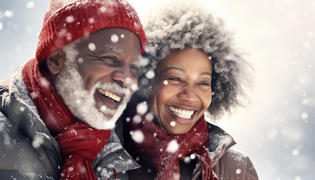 Selfie de retrato de duas pessoas felizes juntas na floresta de inverno