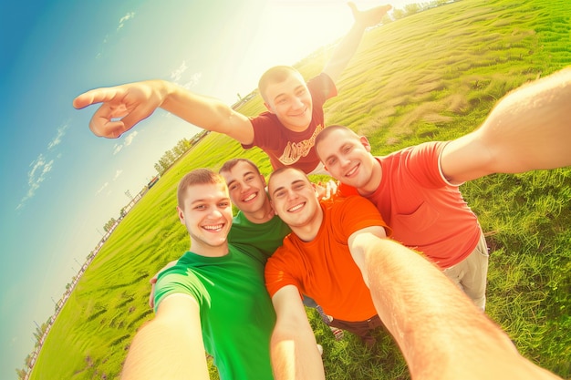Selfie de um grupo de amigos de diferentes etnias em viagem ao pôr do sol