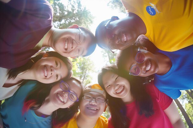 Selfie de um grupo de amigos de diferentes etnias em viagem ao pôr do sol